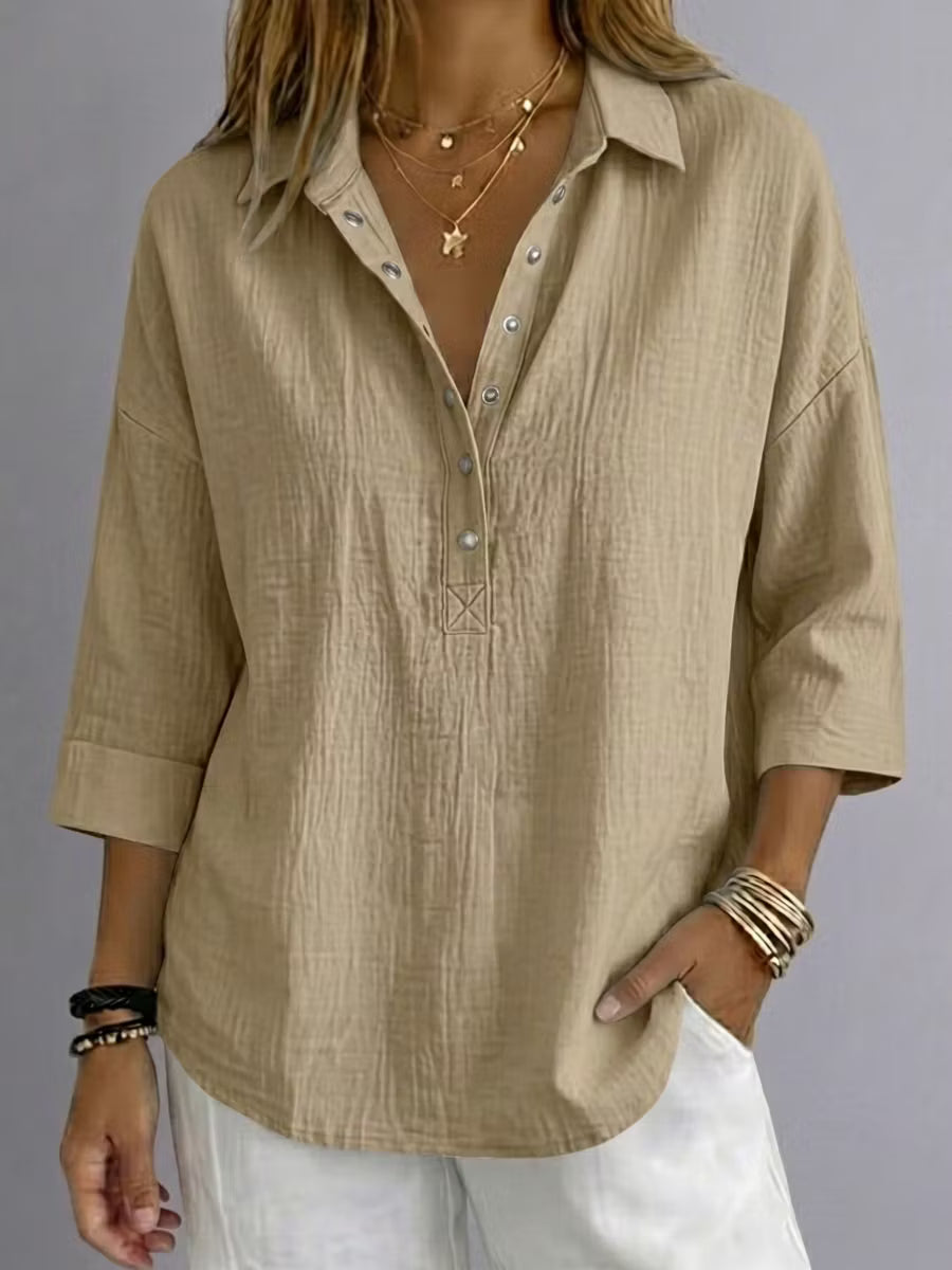 🔥 Women's Casual Linen Blend Henley 3/4 Sleeve Shirt