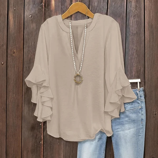 Plus Size Women's Ruffle Sleeve V-Neck Shirt