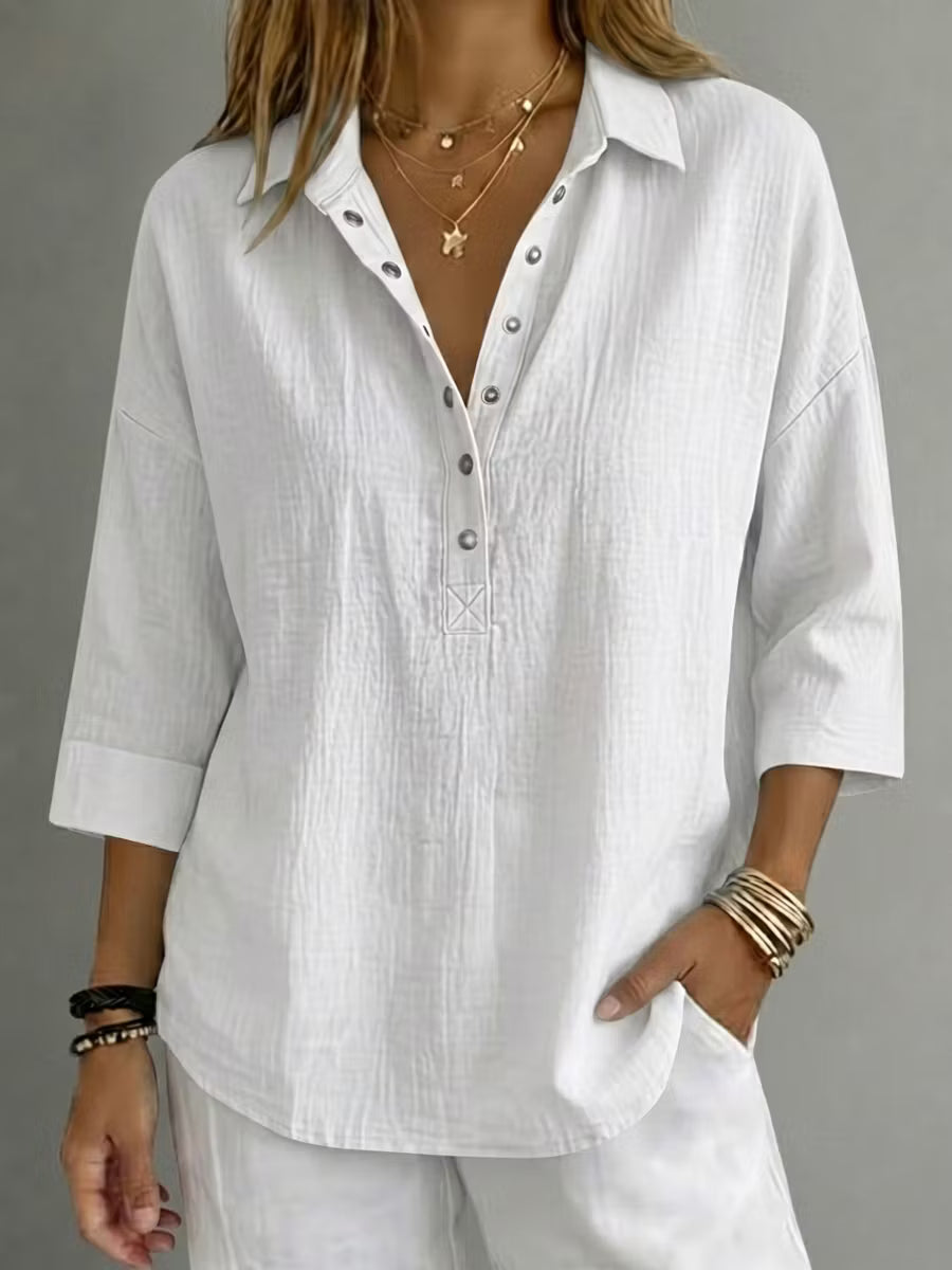 🔥 Women's Casual Linen Blend Henley 3/4 Sleeve Shirt