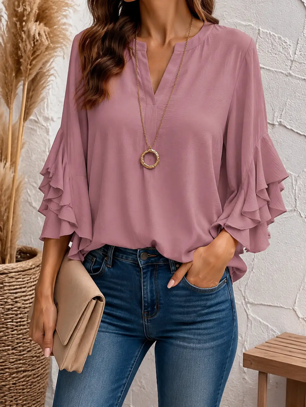 Plus Size Women's Ruffle Sleeve V-Neck Shirt