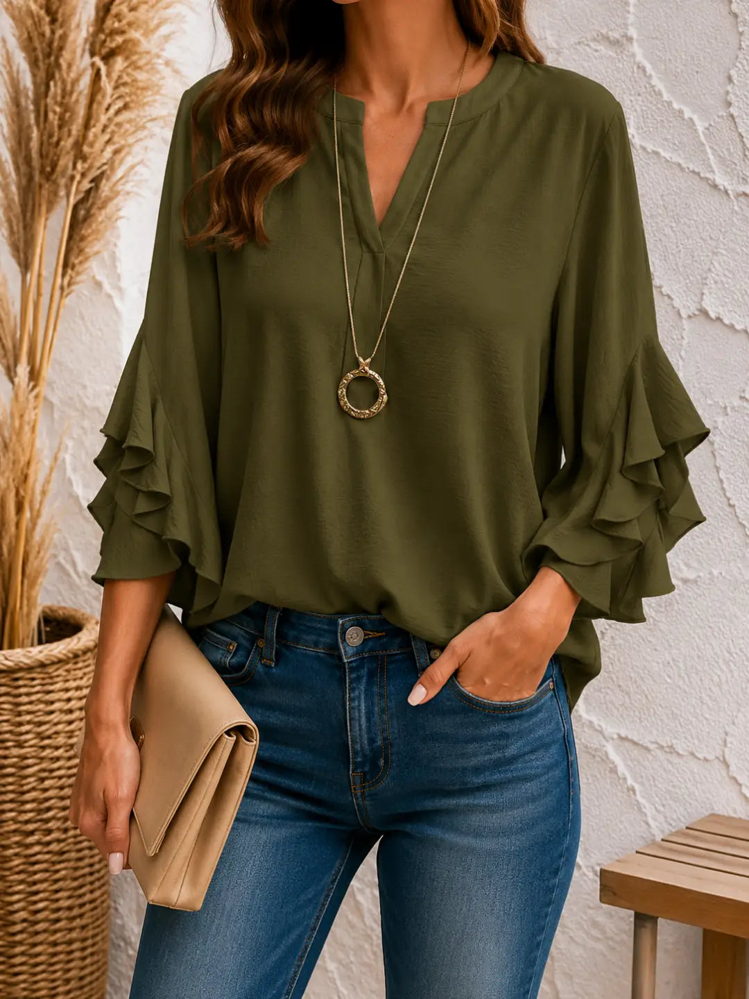 Plus Size Women's Ruffle Sleeve V-Neck Shirt