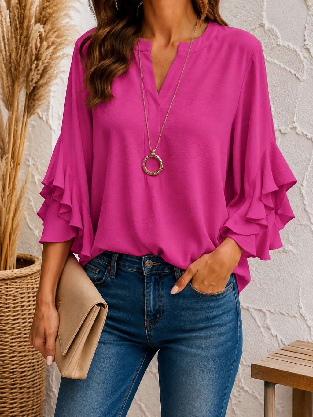 Plus Size Women's Ruffle Sleeve V-Neck Shirt