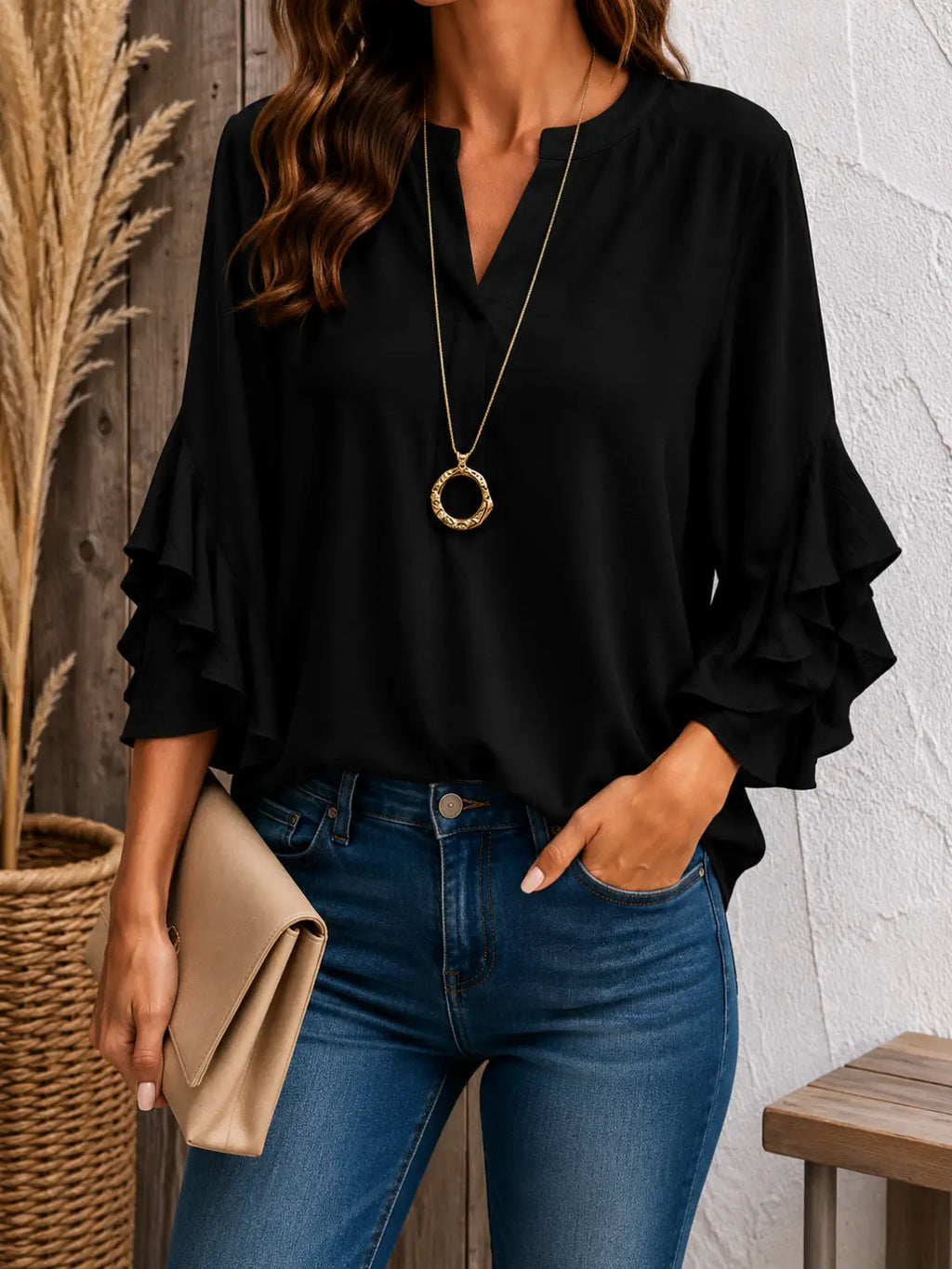 Plus Size Women's Ruffle Sleeve V-Neck Shirt