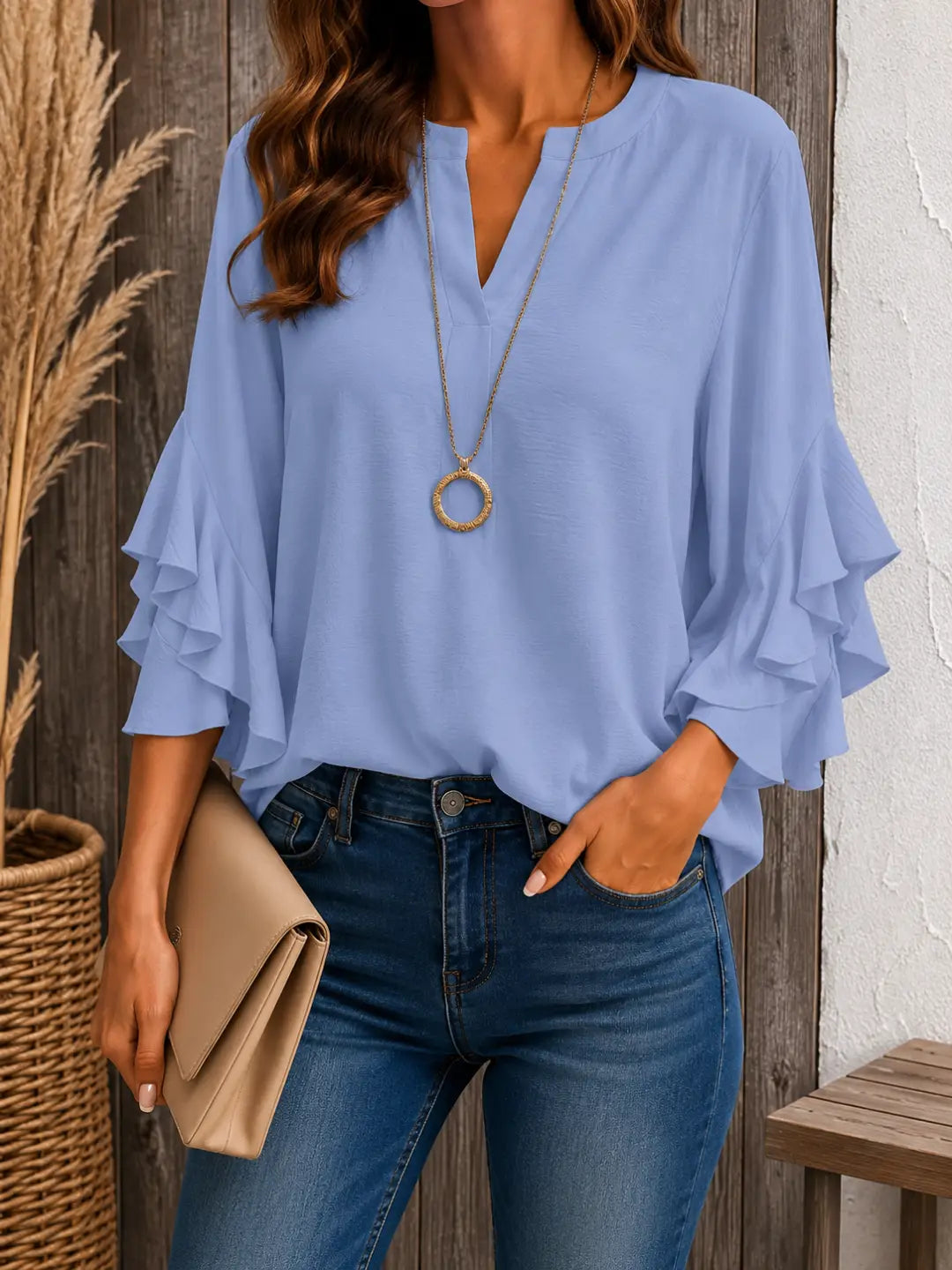 Plus Size Women's Ruffle Sleeve V-Neck Shirt