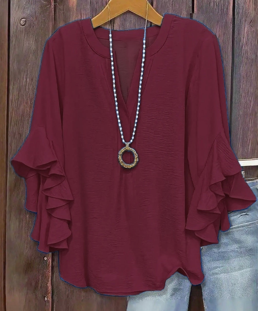 Plus Size Women's Ruffle Sleeve V-Neck Shirt