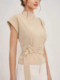 Summer fashionable and simple high-neck short-sleeved fitted top with buttons