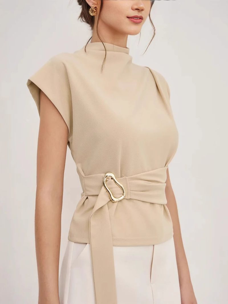 Summer fashionable and simple high-neck short-sleeved fitted top with buttons
