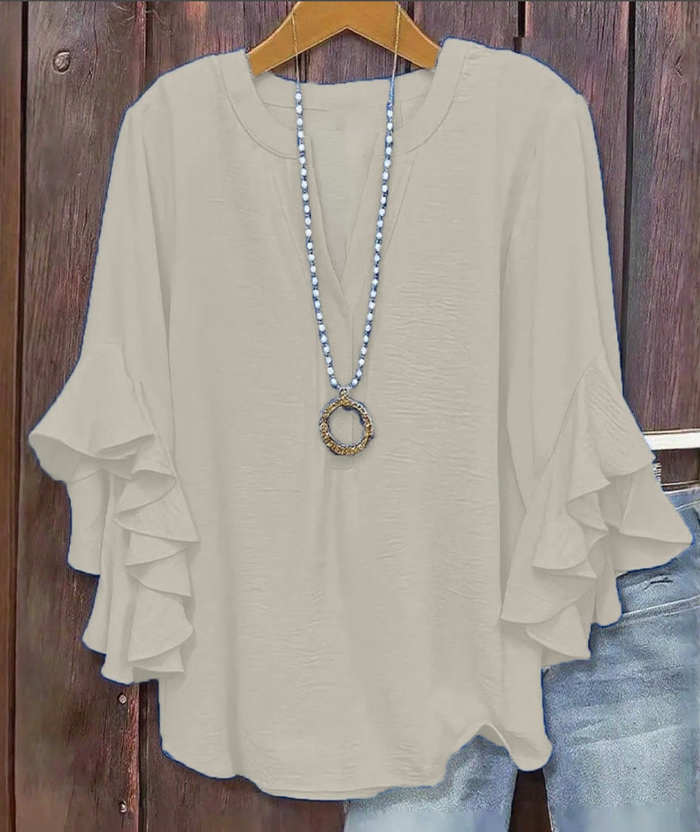 Plus Size Women's Ruffle Sleeve V-Neck Shirt