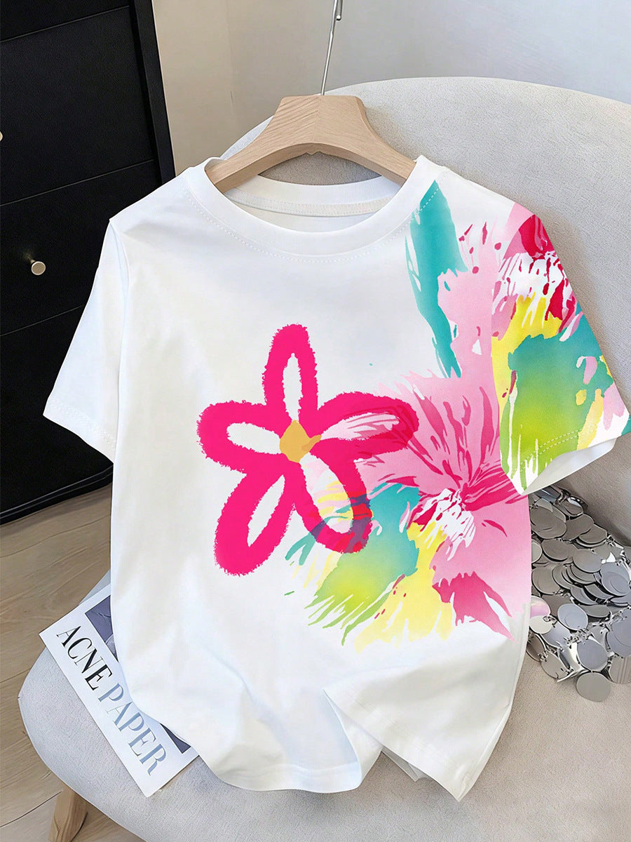 Summer 2026 Fashion Women's T-shirt Artistic Watercolor Floral Oversized Tee Graffiti Short-Sleeve Top