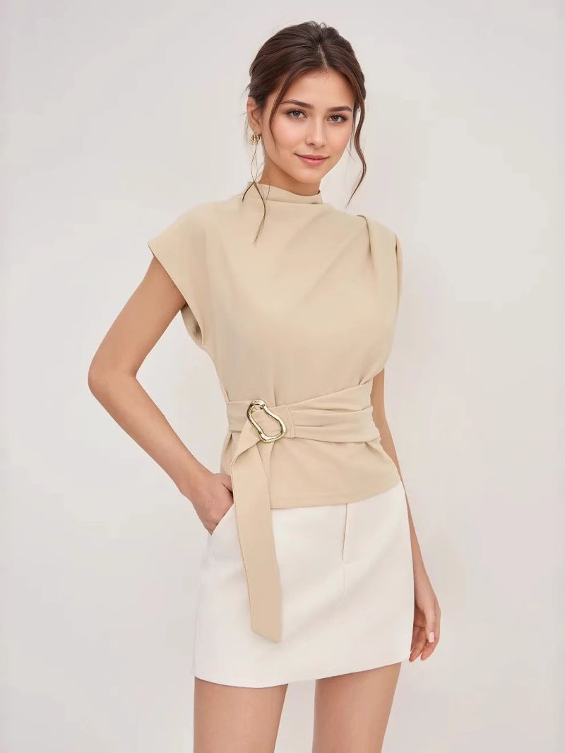 Summer fashionable and simple high-neck short-sleeved fitted top with buttons