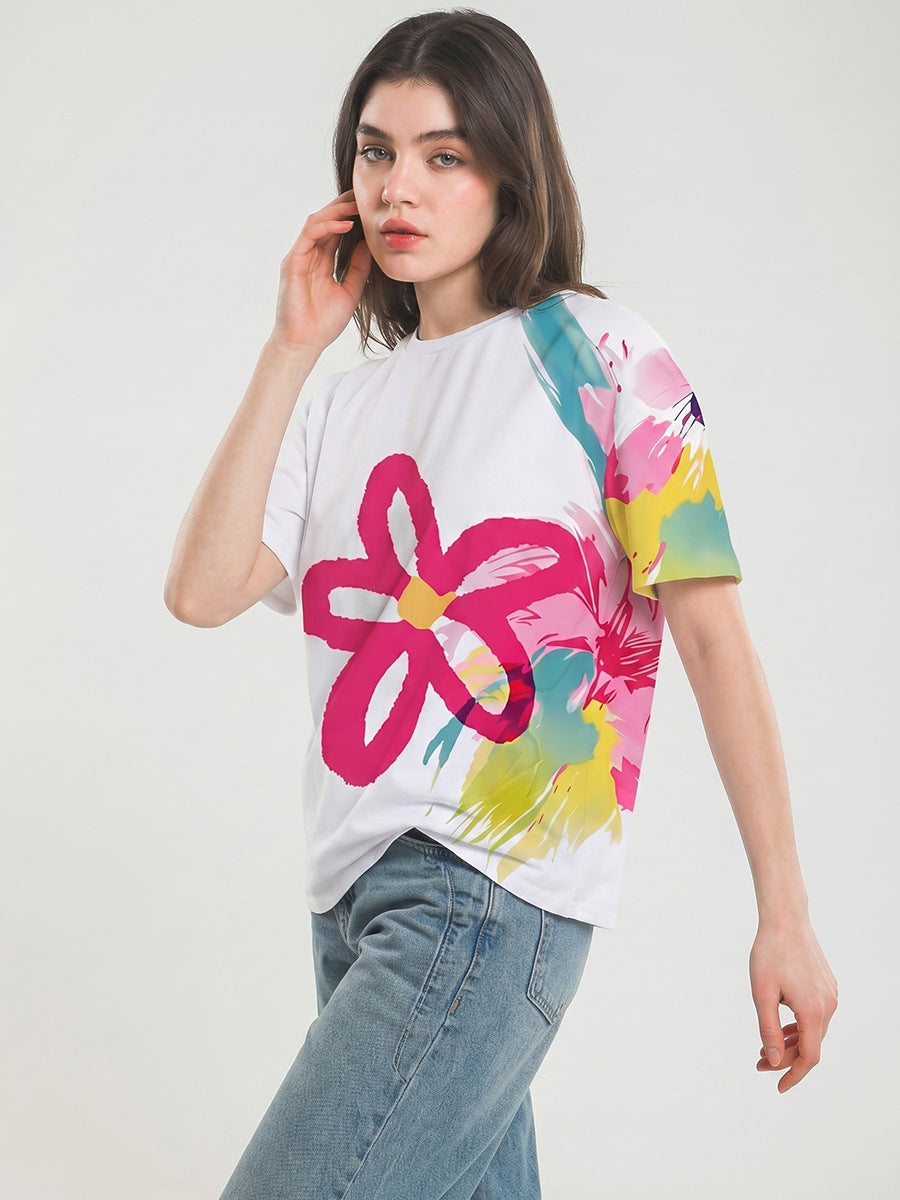 Summer 2026 Fashion Women's T-shirt Artistic Watercolor Floral Oversized Tee Graffiti Short-Sleeve Top