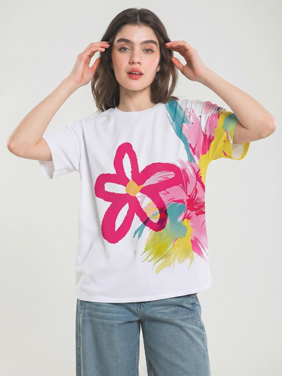 Summer 2026 Fashion Women's T-shirt Artistic Watercolor Floral Oversized Tee Graffiti Short-Sleeve Top