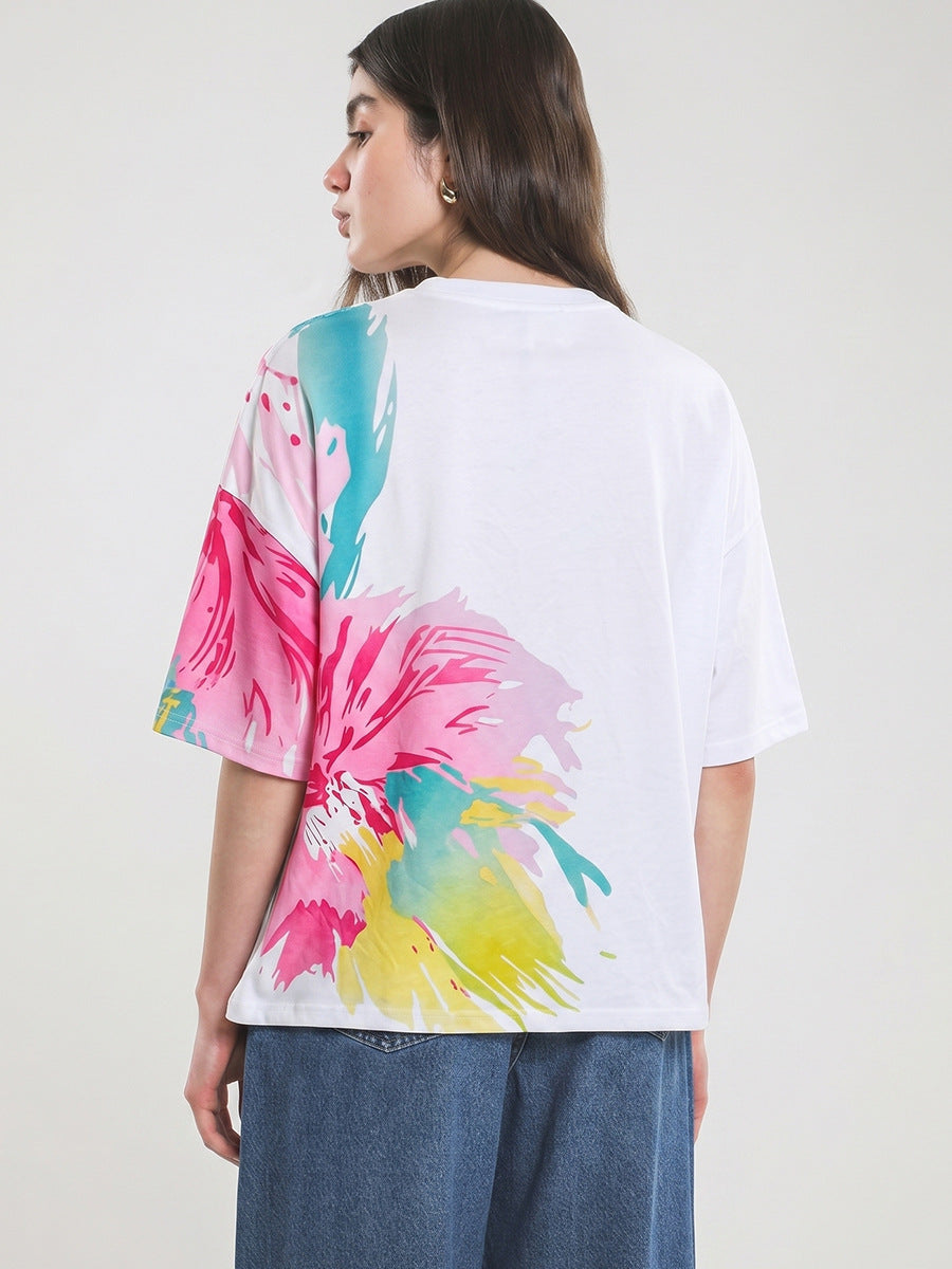 Summer 2026 Fashion Women's T-shirt Artistic Watercolor Floral Oversized Tee Graffiti Short-Sleeve Top