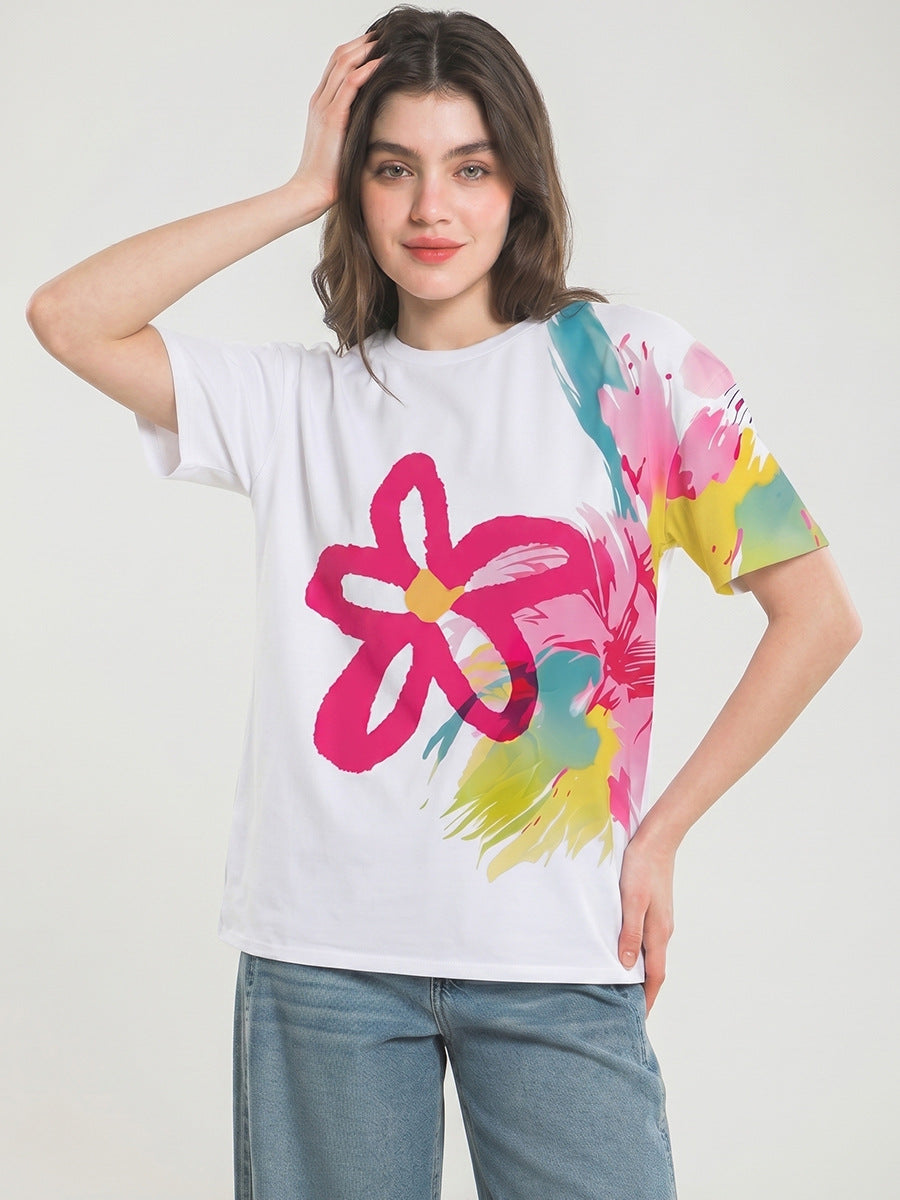 Summer 2026 Fashion Women's T-shirt Artistic Watercolor Floral Oversized Tee Graffiti Short-Sleeve Top